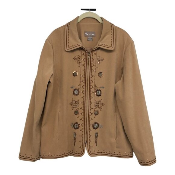 TanJay Brown Faux Suede embroidered Zip-up Lightweight Jacket size 12 - Picture 15 of 15